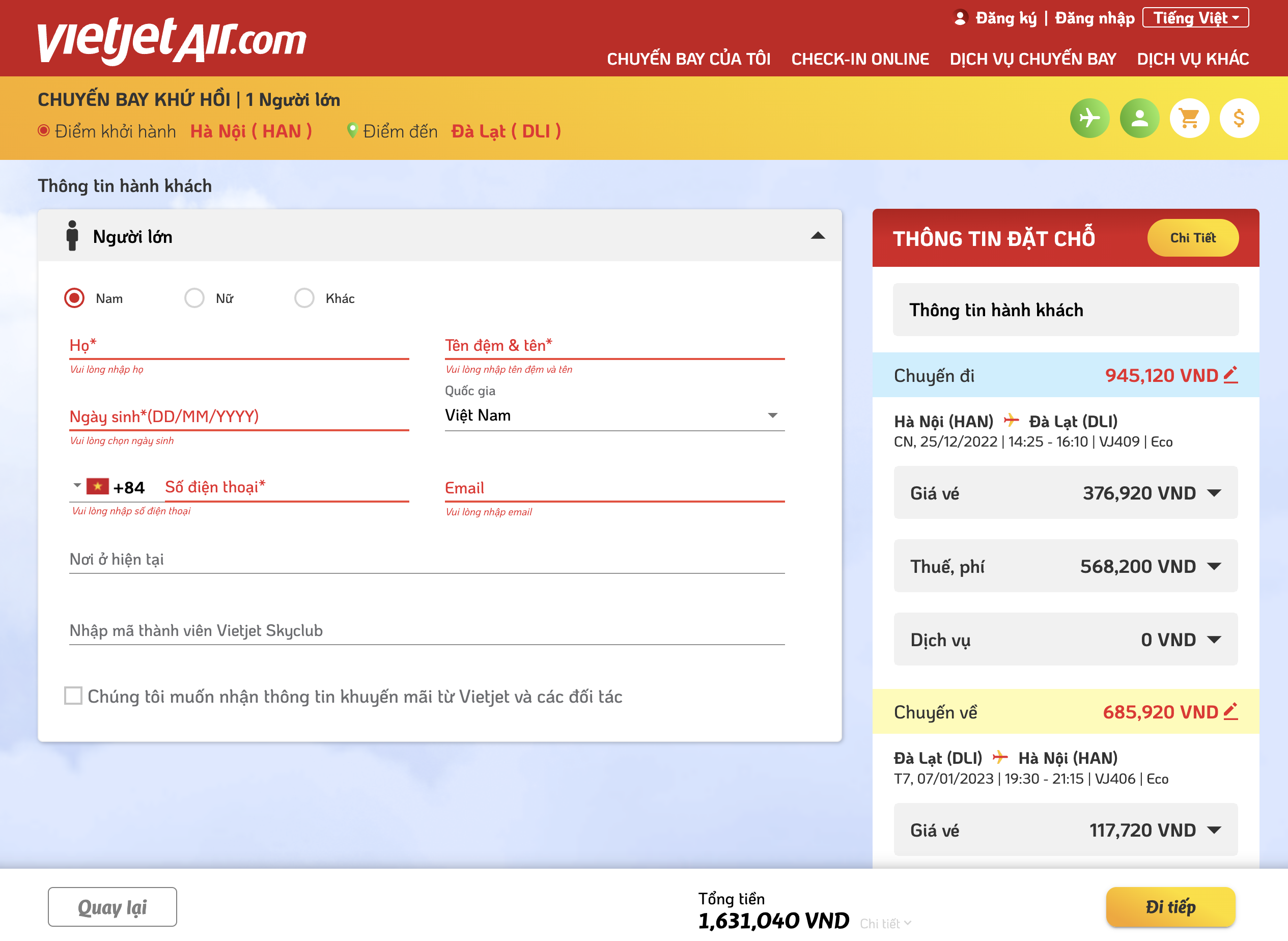 điền thông tin đặt chỗ